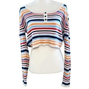 American Eagle‎ Rainbow Cropped Striped Knit Ribbed Henley Sweater Women's XL